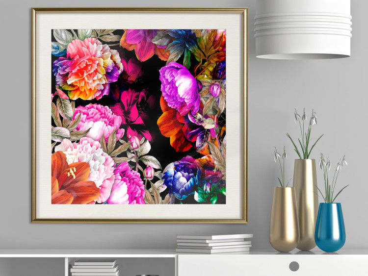 Wall Poster Summer Garden - colorful composition with peony flowers on a black background 117994 additionalImage 21