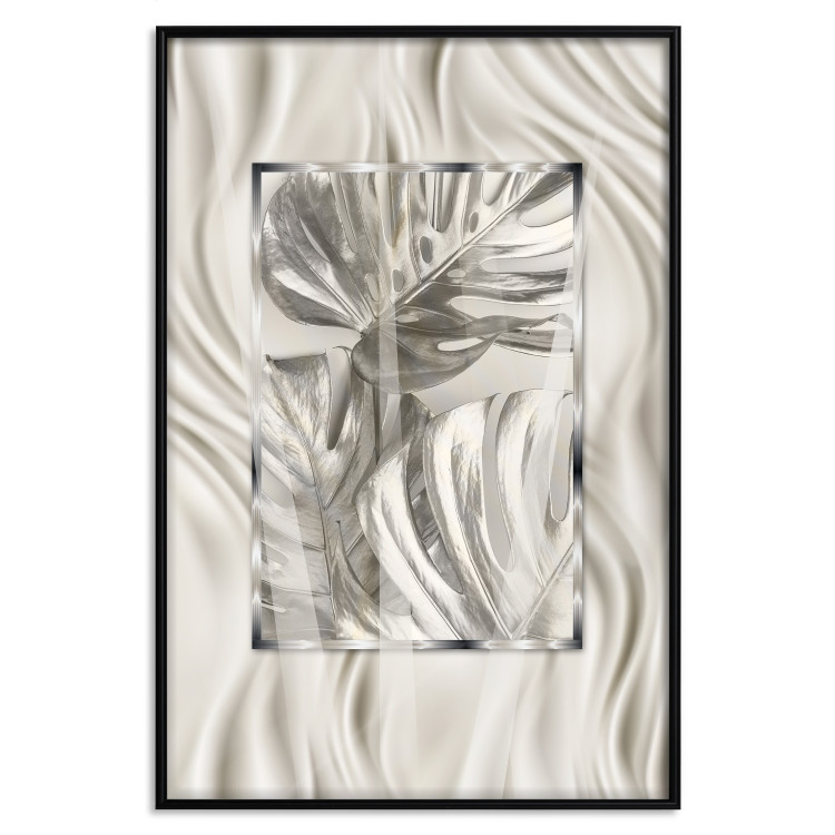 Poster Jungle Treasure - silver emblem of a tropical leaf on a white background 125894 additionalImage 18