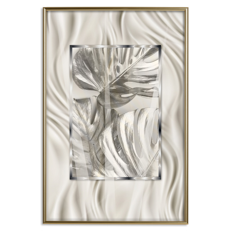 Poster Jungle Treasure - silver emblem of a tropical leaf on a white background 125894 additionalImage 16