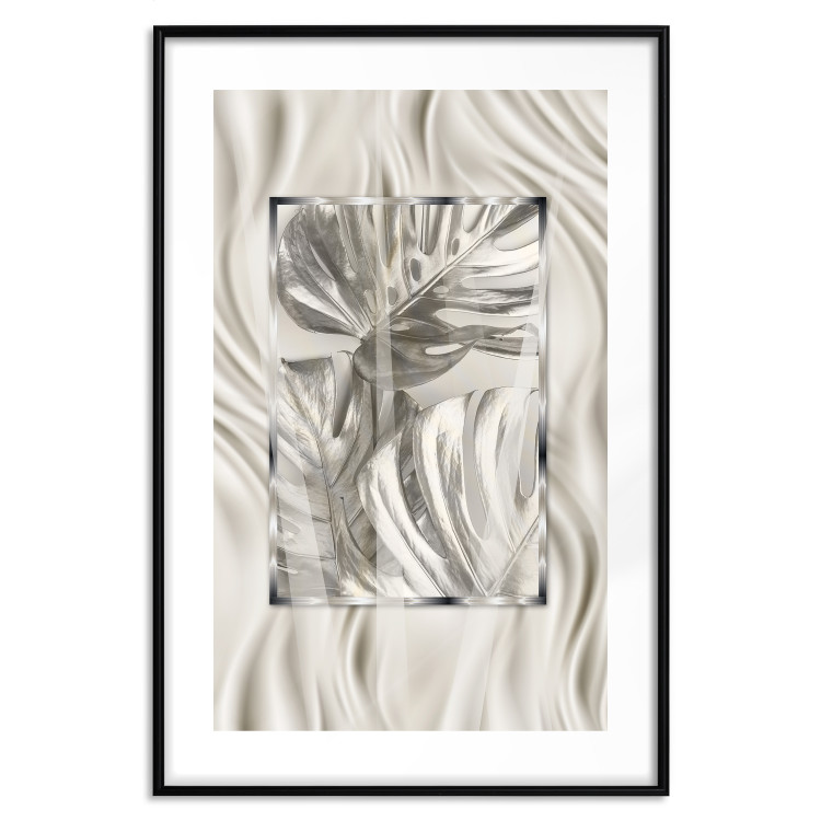 Poster Jungle Treasure - silver emblem of a tropical leaf on a white background 125894 additionalImage 15