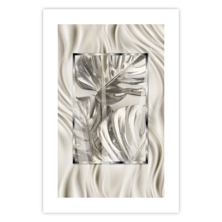 Poster Jungle Treasure - silver emblem of a tropical leaf on a white background 125894 additionalImage 19
