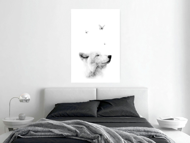 Poster Gentle Dream - wild dog and butterflies on a white contrasting background 126294 additionalImage 3