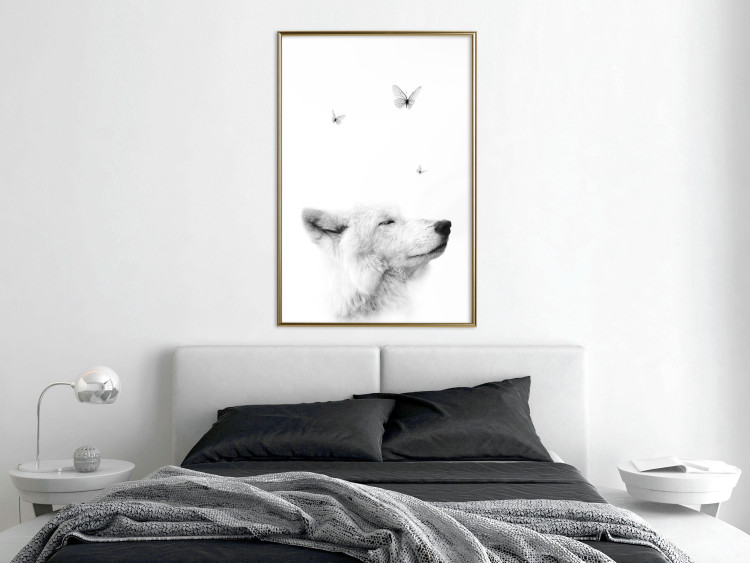 Poster Gentle Dream - wild dog and butterflies on a white contrasting background 126294 additionalImage 5