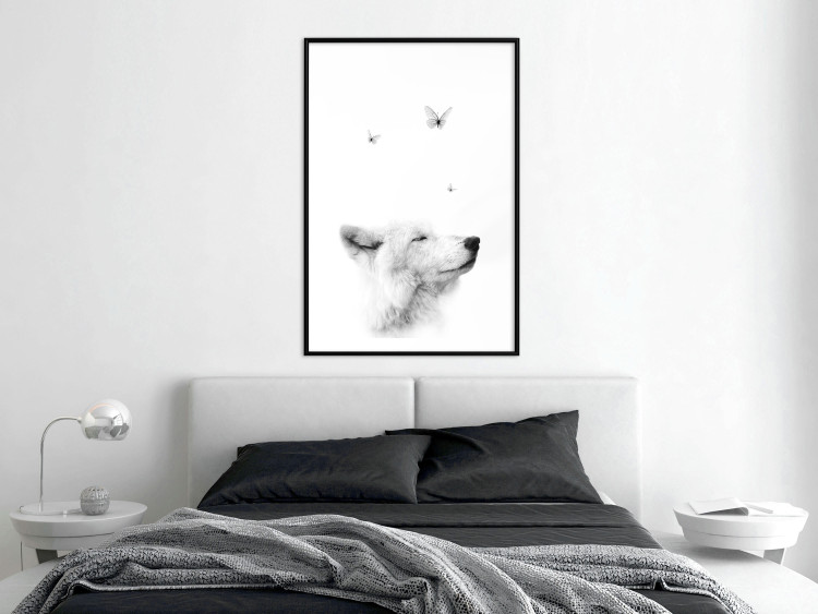Poster Gentle Dream - wild dog and butterflies on a white contrasting background 126294 additionalImage 18
