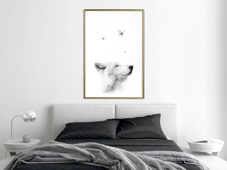 Poster Gentle Dream - wild dog and butterflies on a white contrasting background 126294 additionalImage 13