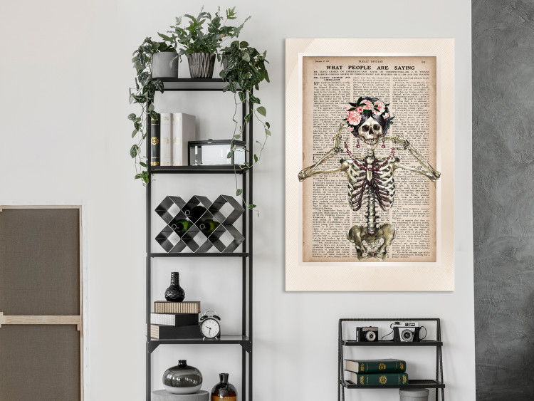 Canvas Print Lady Skeleton (1-part) vertical - fanciful figure against a newspaper background 129094 additionalImage 3