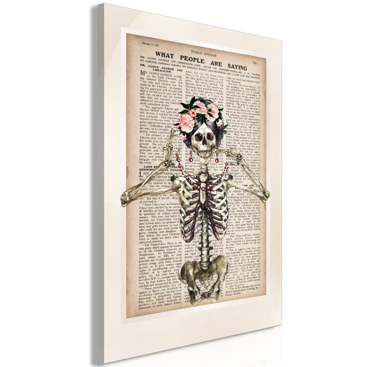 Canvas Print Lady Skeleton (1-part) vertical - fanciful figure against a newspaper background 129094 additionalImage 2