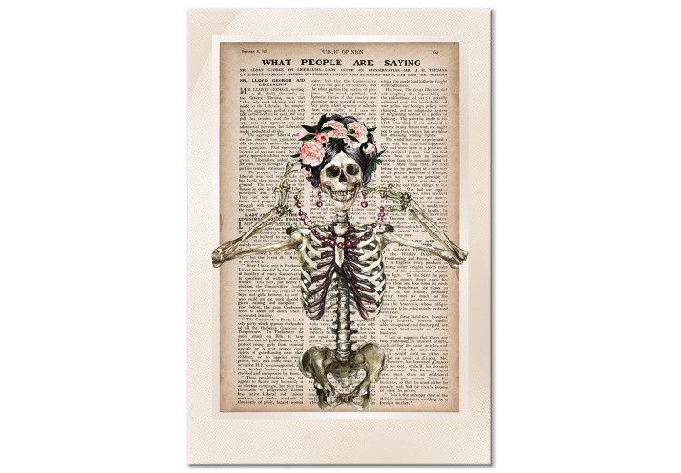 Canvas Print Lady Skeleton (1-part) vertical - fanciful figure against a newspaper background 129094