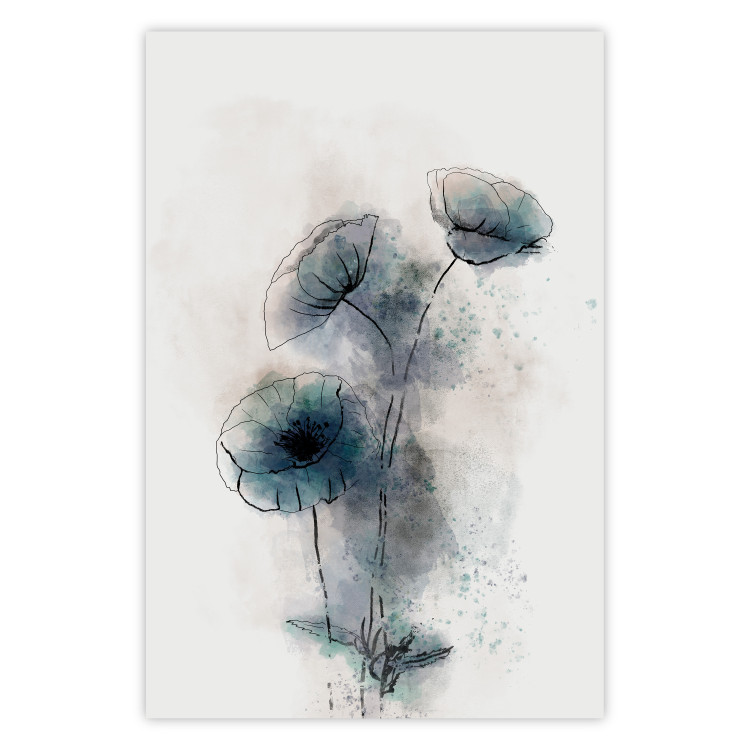 Wall Poster Blue Poppies - line art of a plant with blue flowers on a light background 131994