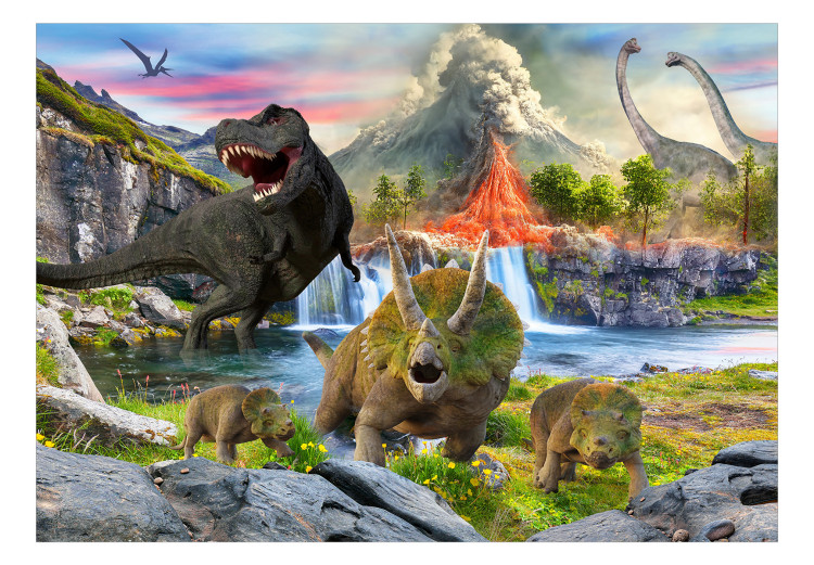 Wall Mural Realistic Dinosaurs - Reptiles Against the Backdrop of a Landscape With a Volcano and a Waterfall 145494 additionalImage 1