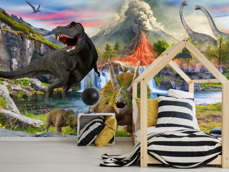 Wall Mural Realistic Dinosaurs - Reptiles Against the Backdrop of a Landscape With a Volcano and a Waterfall 145494