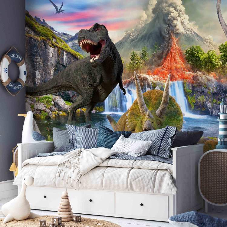 Wall Mural Realistic Dinosaurs - Reptiles Against the Backdrop of a Landscape With a Volcano and a Waterfall 145494 additionalImage 5