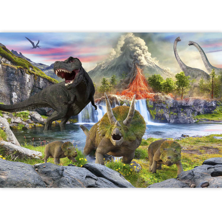 Wall Mural Realistic Dinosaurs - Reptiles Against the Backdrop of a Landscape With a Volcano and a Waterfall 145494 additionalImage 3