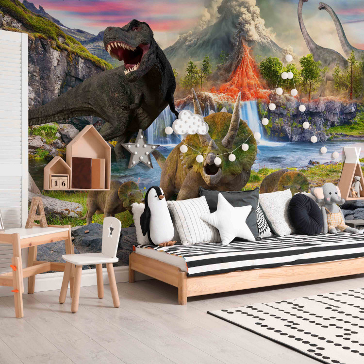Wall Mural Realistic Dinosaurs - Reptiles Against the Backdrop of a Landscape With a Volcano and a Waterfall 145494 additionalImage 6