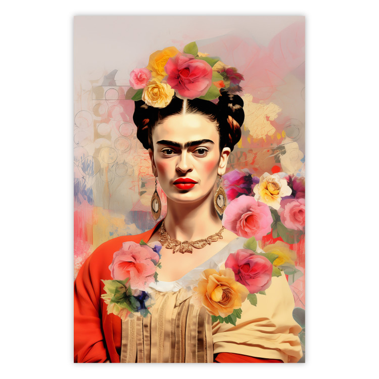 Poster Subtle Portrait - Frida Kahlo on a Blurred Background Full of Flowers 152194