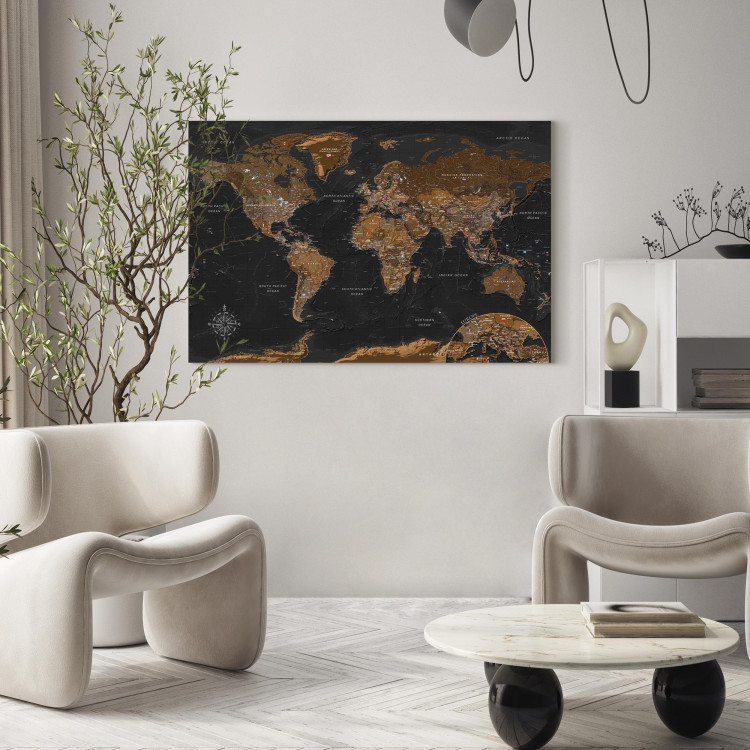 Canvas Art Print Stylish Map - Brown World Map with Flags and Labels in English 98094 additionalImage 9