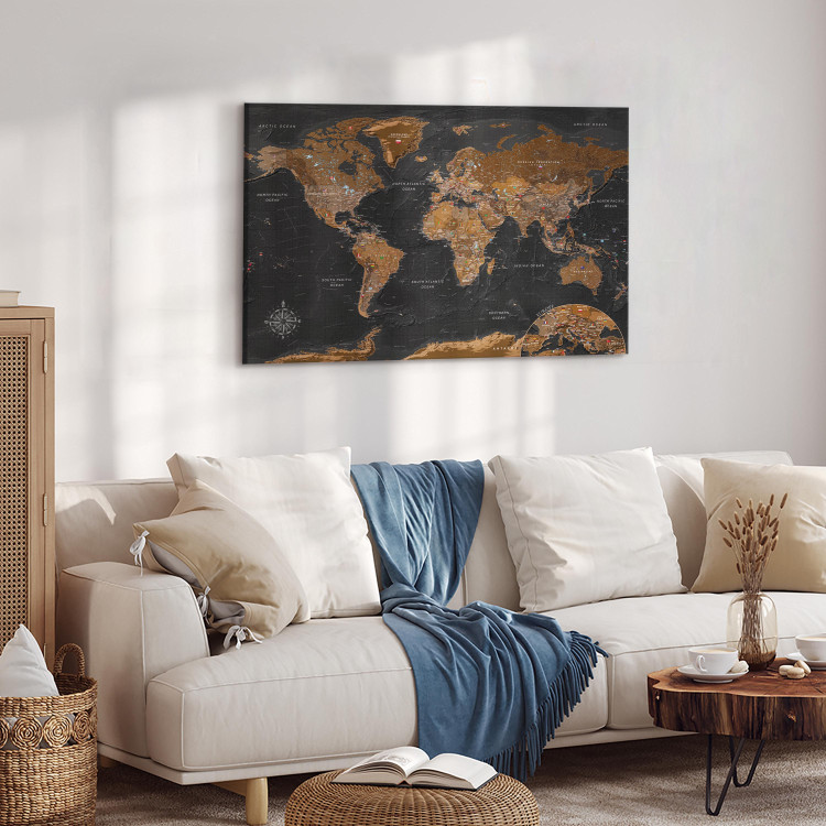 Canvas Art Print Stylish Map - Brown World Map with Flags and Labels in English 98094 additionalImage 10