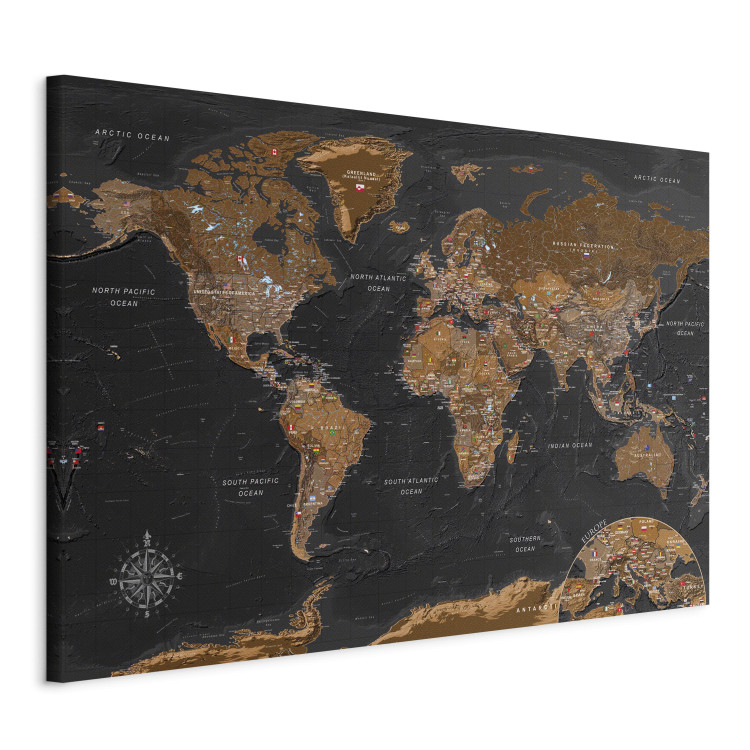 Canvas Art Print Stylish Map - Brown World Map with Flags and Labels in English 98094 additionalImage 2