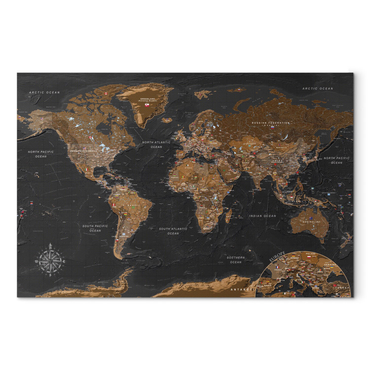 Canvas Art Print Stylish Map - Brown World Map with Flags and Labels in English 98094 additionalImage 7