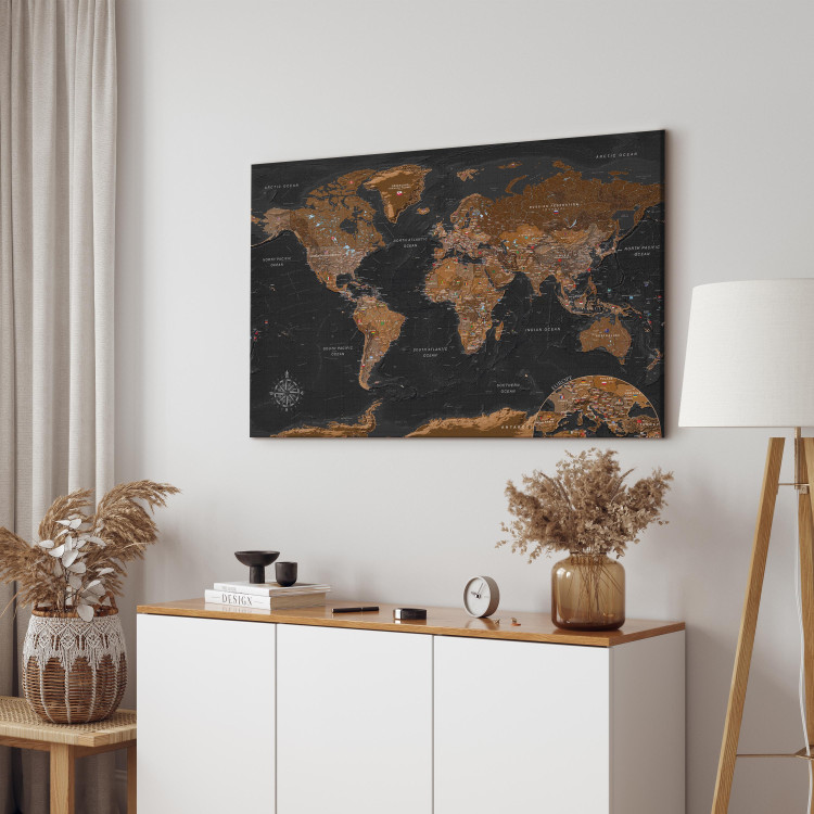 Canvas Art Print Stylish Map - Brown World Map with Flags and Labels in English 98094 additionalImage 11