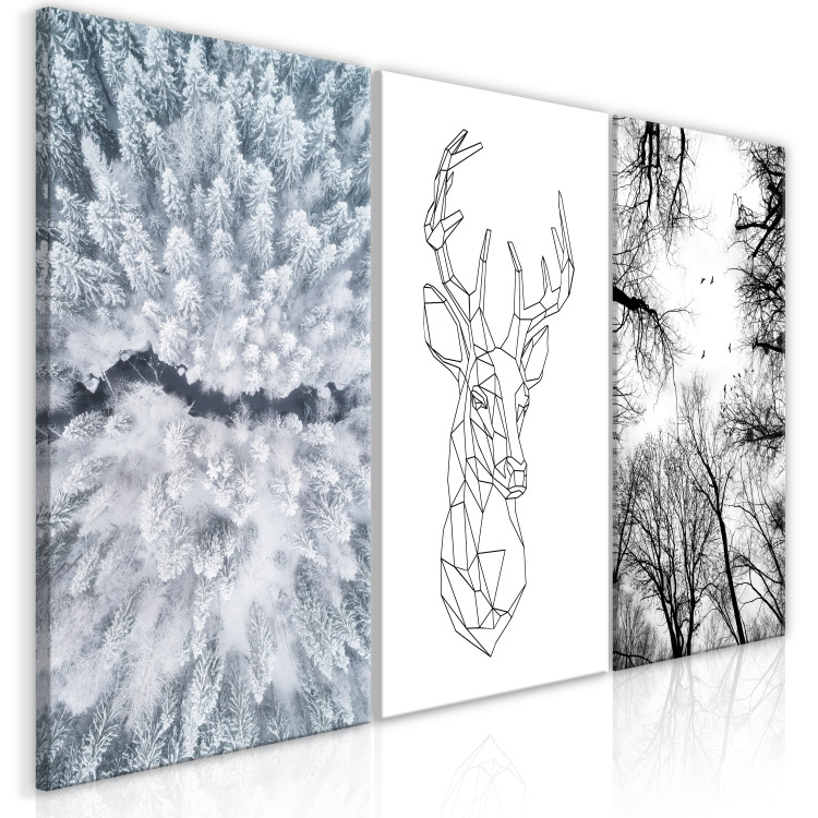 Canvas Print Winter triptych - geometric deer and snow-covered trees 117105 additionalImage 2