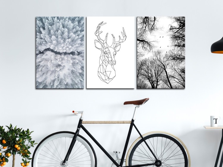 Canvas Print Winter triptych - geometric deer and snow-covered trees 117105 additionalImage 3