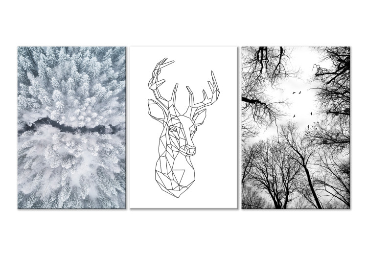 Canvas Print Winter triptych - geometric deer and snow-covered trees 117105