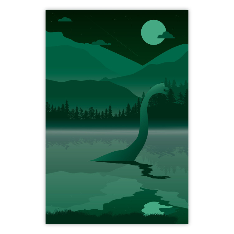 Poster Loch Ness - green fantasy with a dinosaur in the water and mountains in the background 118005