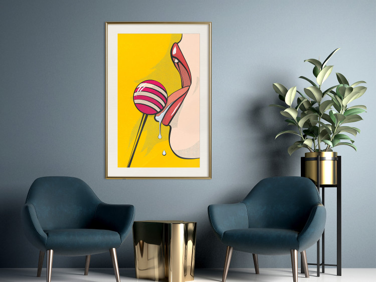 Poster Sweet Lollipop - abstract woman licking a lollipop on a light yellow background 132205 additionalImage 22