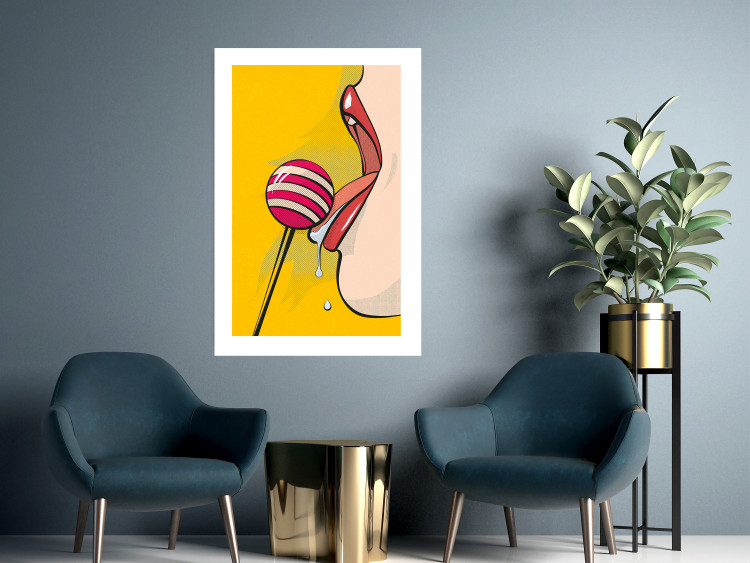 Poster Sweet Lollipop - abstract woman licking a lollipop on a light yellow background 132205 additionalImage 3