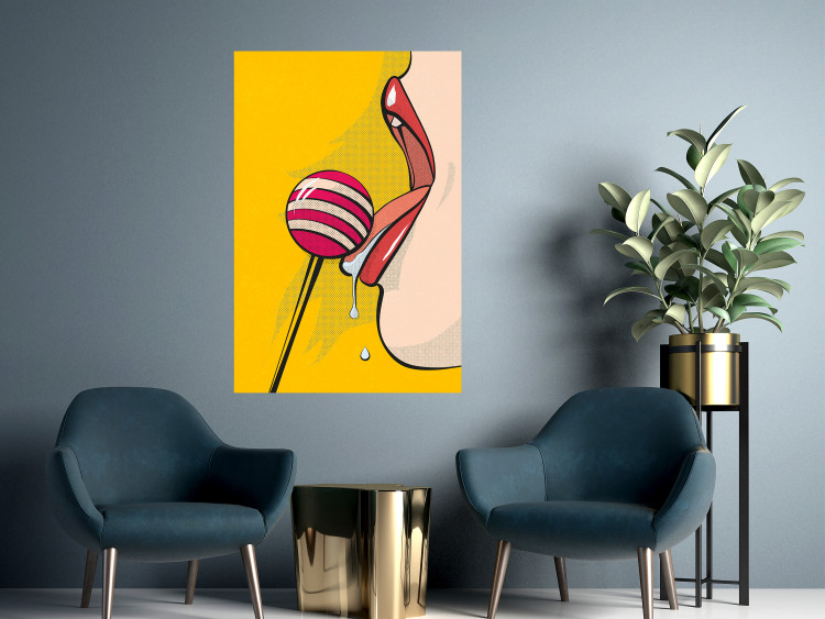 Poster Sweet Lollipop - abstract woman licking a lollipop on a light yellow background 132205 additionalImage 4