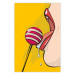 Poster Sweet Lollipop - abstract woman licking a lollipop on a light yellow background 132205