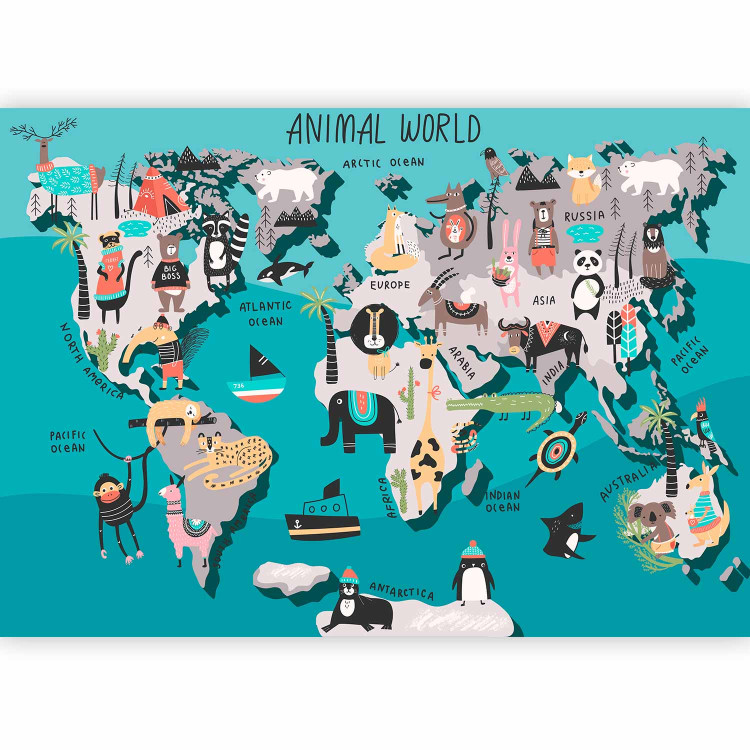 Photo Wallpaper Geography lesson for children - colourful world map with animals 135105 additionalImage 5