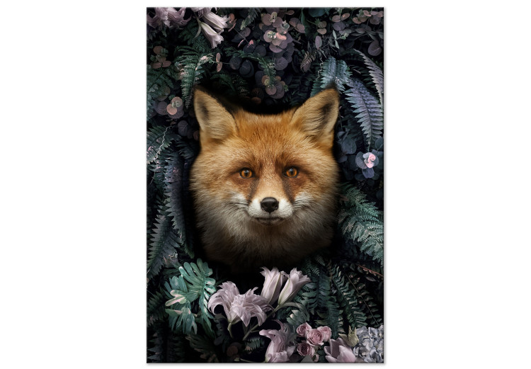 Canvas Art Print Fox in Flowers (1-piece) Vertical - forest animal amidst leaves 138605