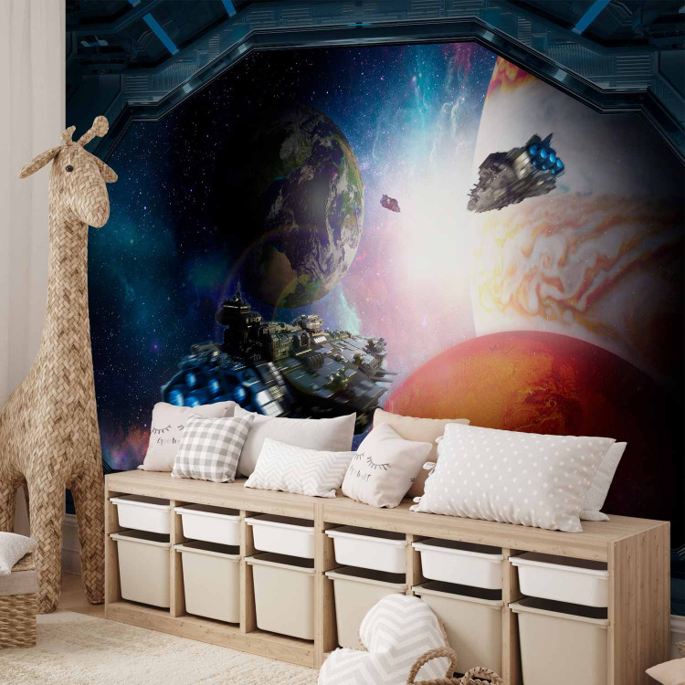 Wall Mural Children's landscape - space motif with a view of the planets from a ship's window 143505 additionalImage 4