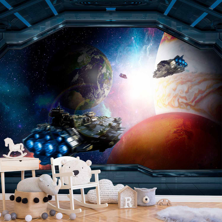 Wall Mural Children's landscape - space motif with a view of the planets from a ship's window 143505 additionalImage 8
