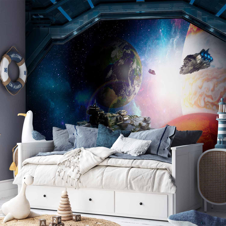 Wall Mural Children's landscape - space motif with a view of the planets from a ship's window 143505 additionalImage 2