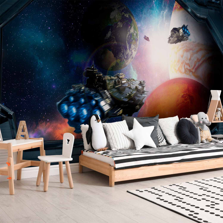 Wall Mural Children's landscape - space motif with a view of the planets from a ship's window 143505 additionalImage 7