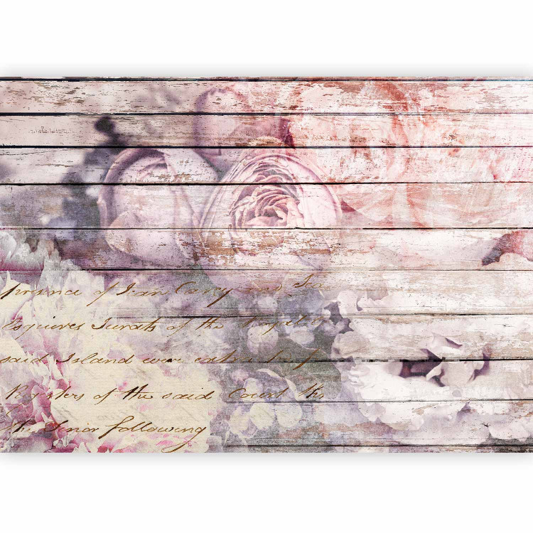 Wall Mural Idyll - flowers in purple with lettering on a wood-textured background 144505 additionalImage 1