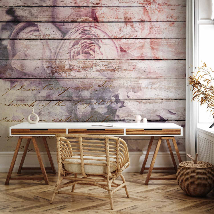 Wall Mural Idyll - flowers in purple with lettering on a wood-textured background 144505 additionalImage 4