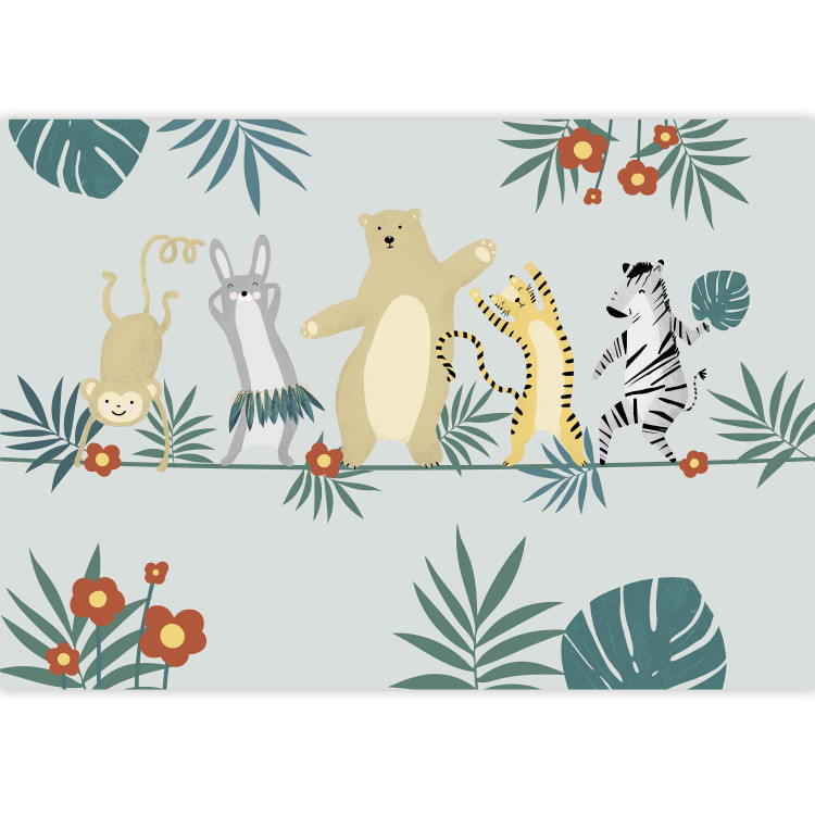 Wall Mural Dancing animals - monkey, hare, tiger, bear and zebra on grey background 144605 additionalImage 3