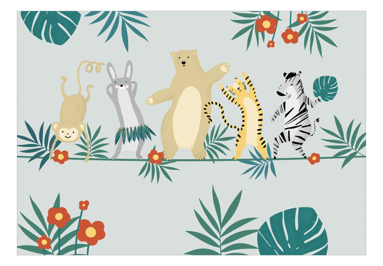Wall Mural Dancing animals - monkey, hare, tiger, bear and zebra on grey background 144605 additionalImage 1