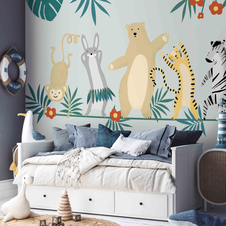Wall Mural Dancing animals - monkey, hare, tiger, bear and zebra on grey background 144605 additionalImage 5