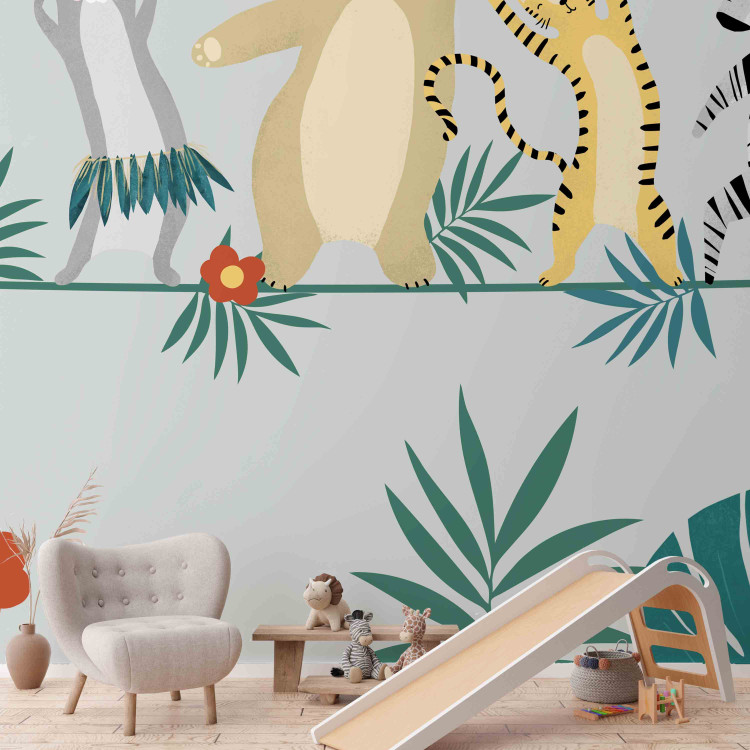 Wall Mural Dancing animals - monkey, hare, tiger, bear and zebra on grey background 144605 additionalImage 6