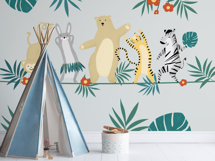 Wall Mural Dancing animals - monkey, hare, tiger, bear and zebra on grey background 144605