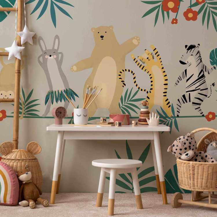 Wall Mural Dancing animals - monkey, hare, tiger, bear and zebra on grey background 144605 additionalImage 4