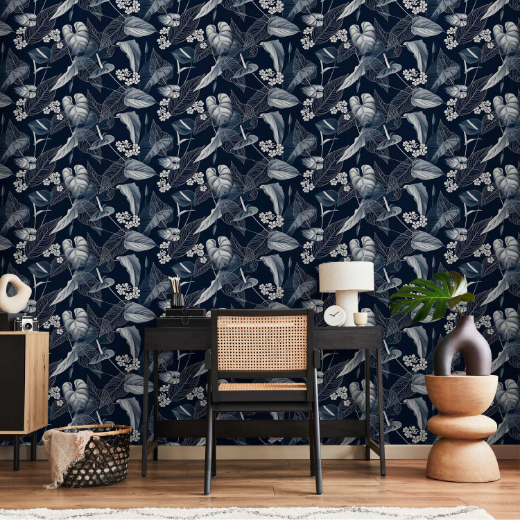 Wallpaper Monochrome Nature - Sketch of Leaves and Flowers on a Navy Blue Background 149905 additionalImage 5