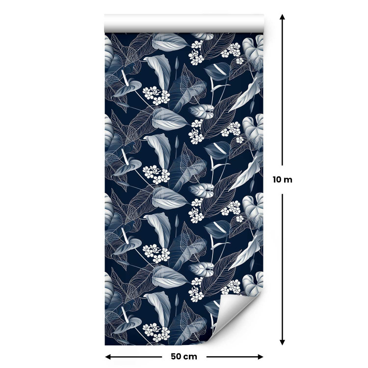 Wallpaper Monochrome Nature - Sketch of Leaves and Flowers on a Navy Blue Background 149905 additionalImage 7