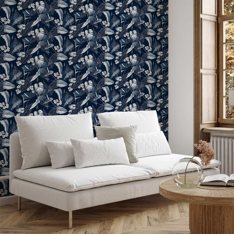 Wallpaper Monochrome Nature - Sketch of Leaves and Flowers on a Navy Blue Background 149905
