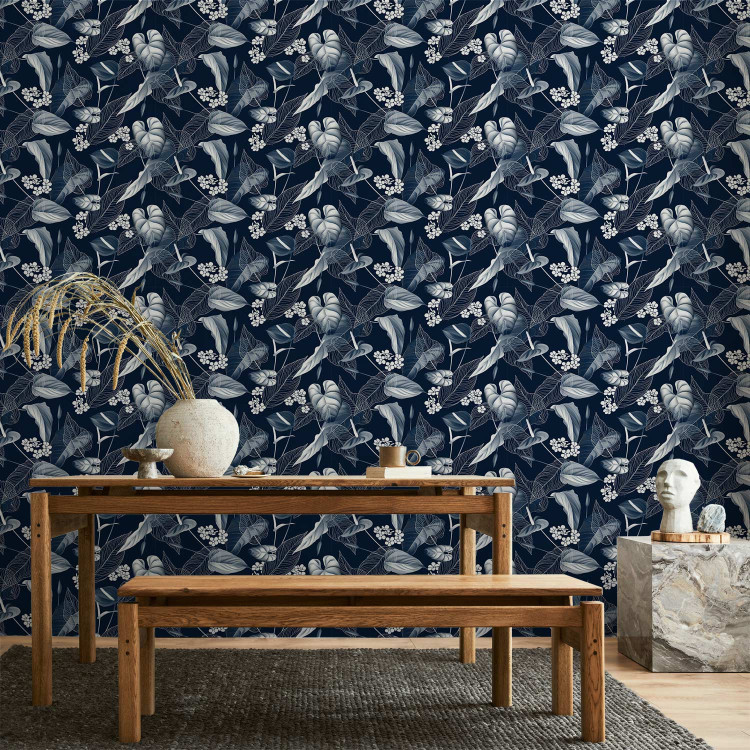 Wallpaper Monochrome Nature - Sketch of Leaves and Flowers on a Navy Blue Background 149905 additionalImage 8